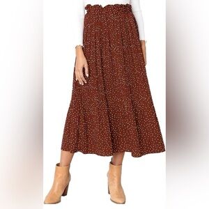 Exlura Pleated Midi Skirt, Brown with White Polka Dots, High-Waisted, Size L